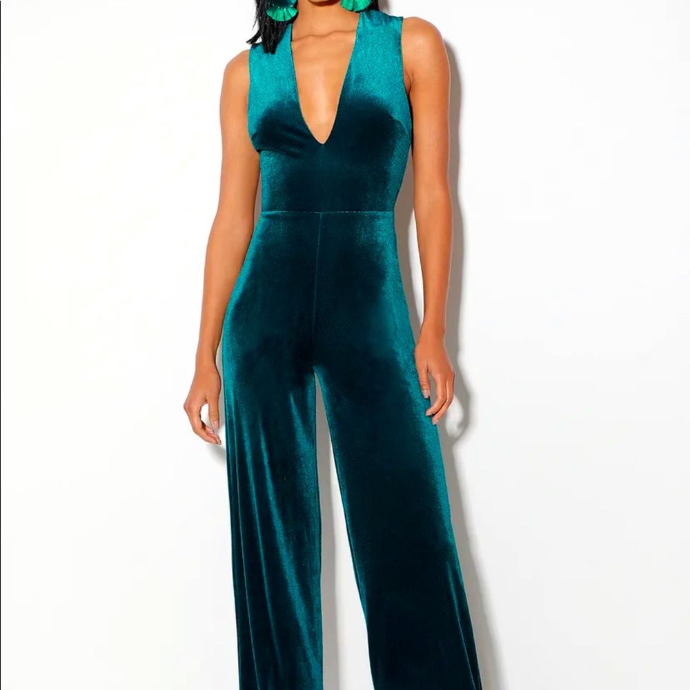 Lulus Dark Teal Velvet Backless Jumpsuit